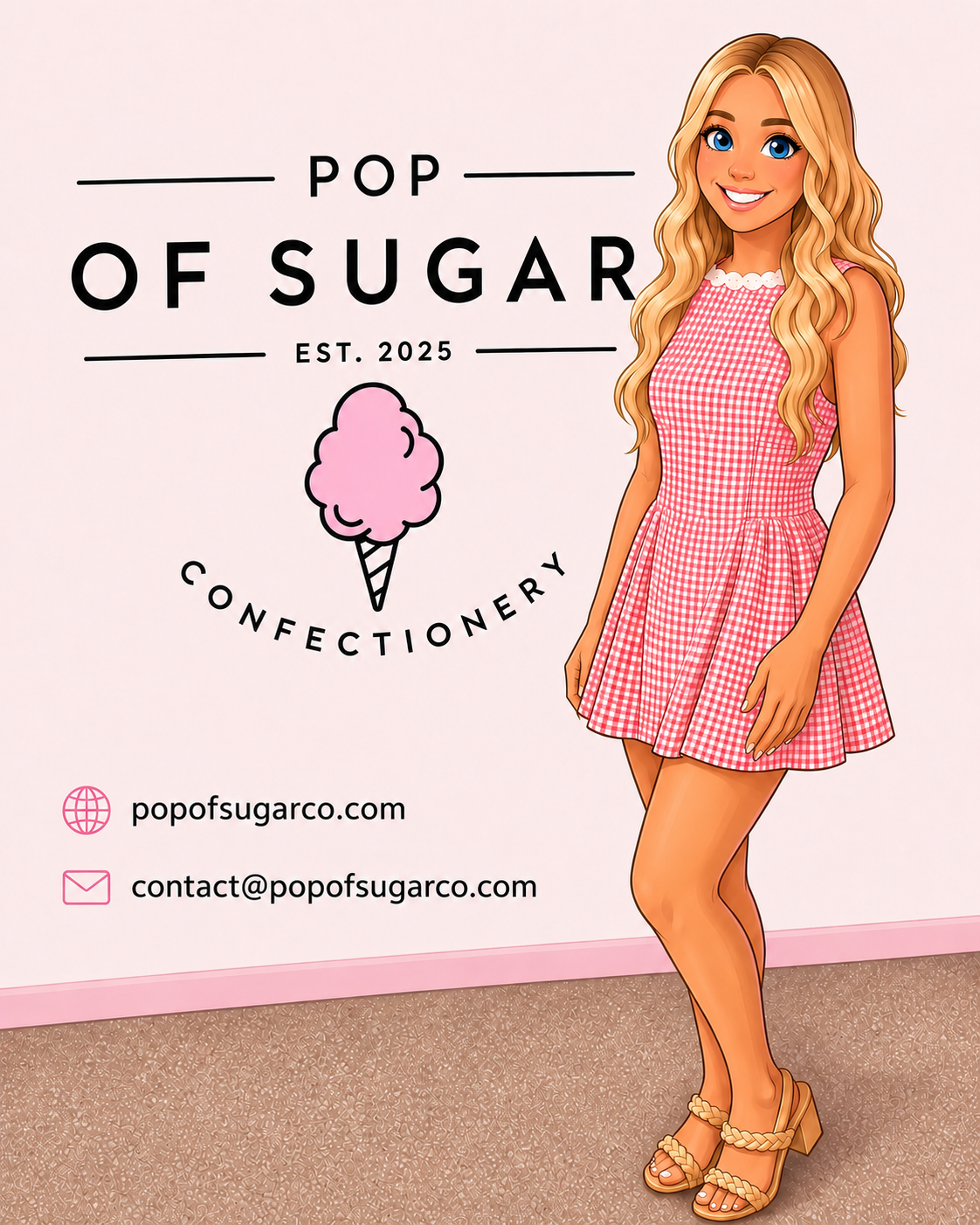 Pop of Sugar Confectionery promo photo with logo and a woman in a pink gingham dress