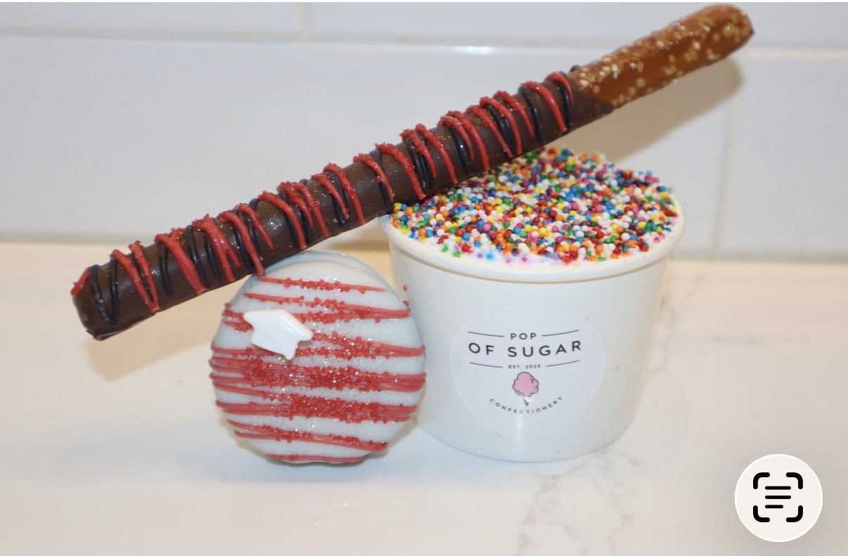 Graduation dessert trio with a chocolate pretzel rod, red drizzle Oreo, and sprinkle topped dessert cup