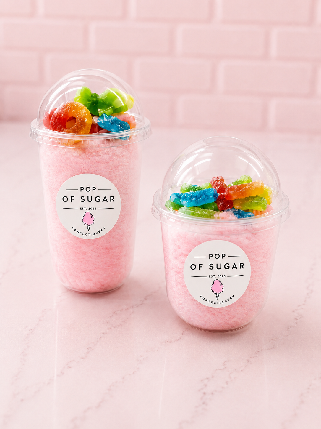 Cotton candy in domed cups with candy embellishments