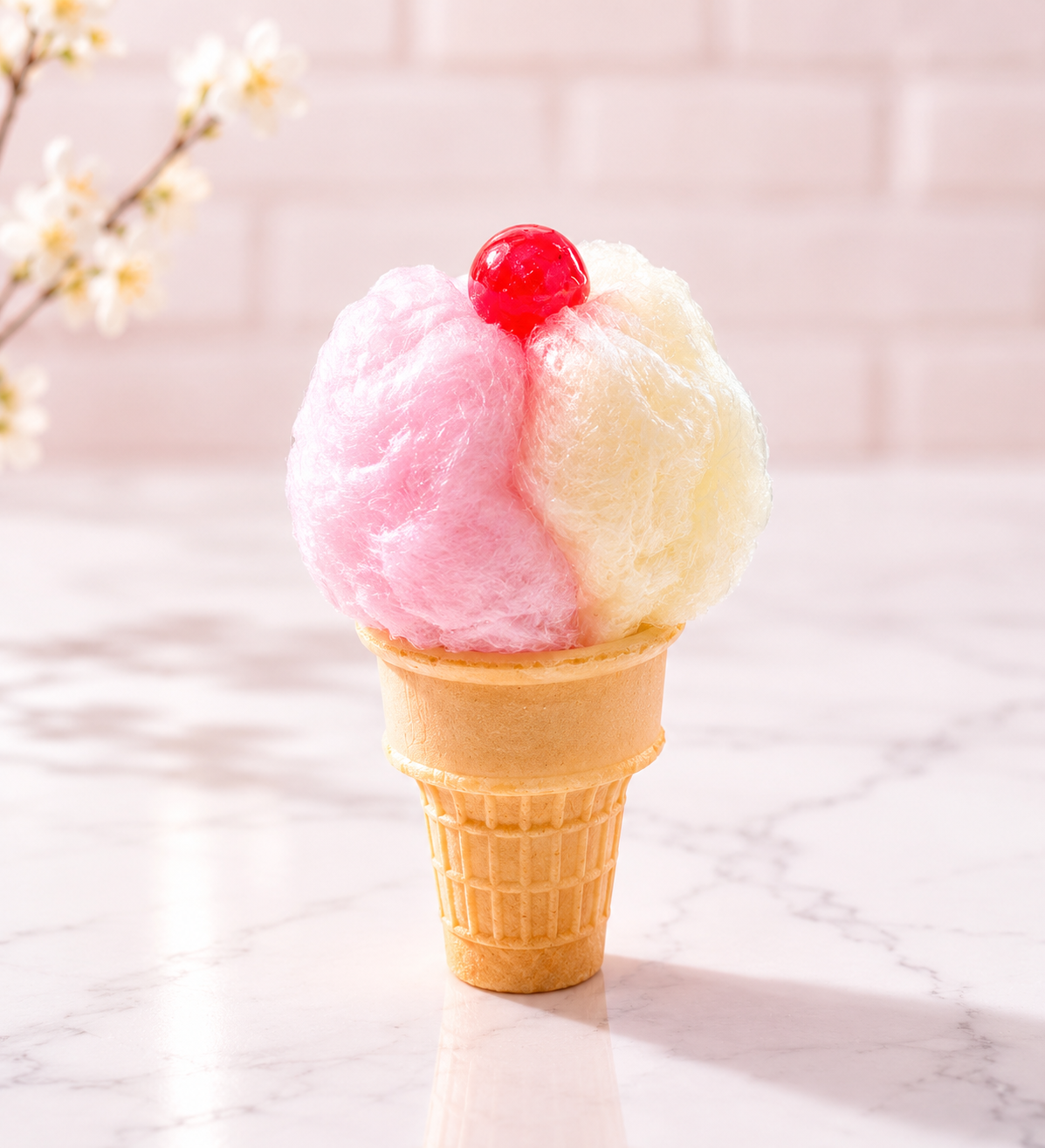 Rainbow cotton candy on a sugar cone