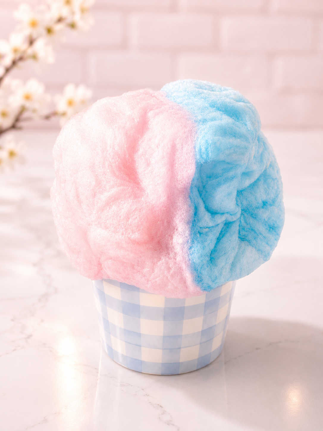 Pastel cotton candy in a bow-printed tub